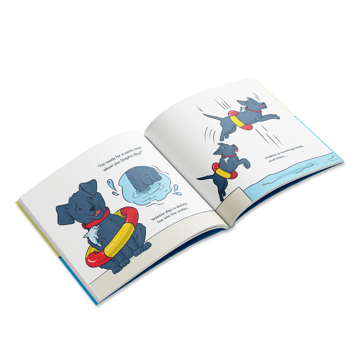 An open children’s book shows illustrated pages of a black dog wearing a red and yellow swim ring, jumping into a pool of water.