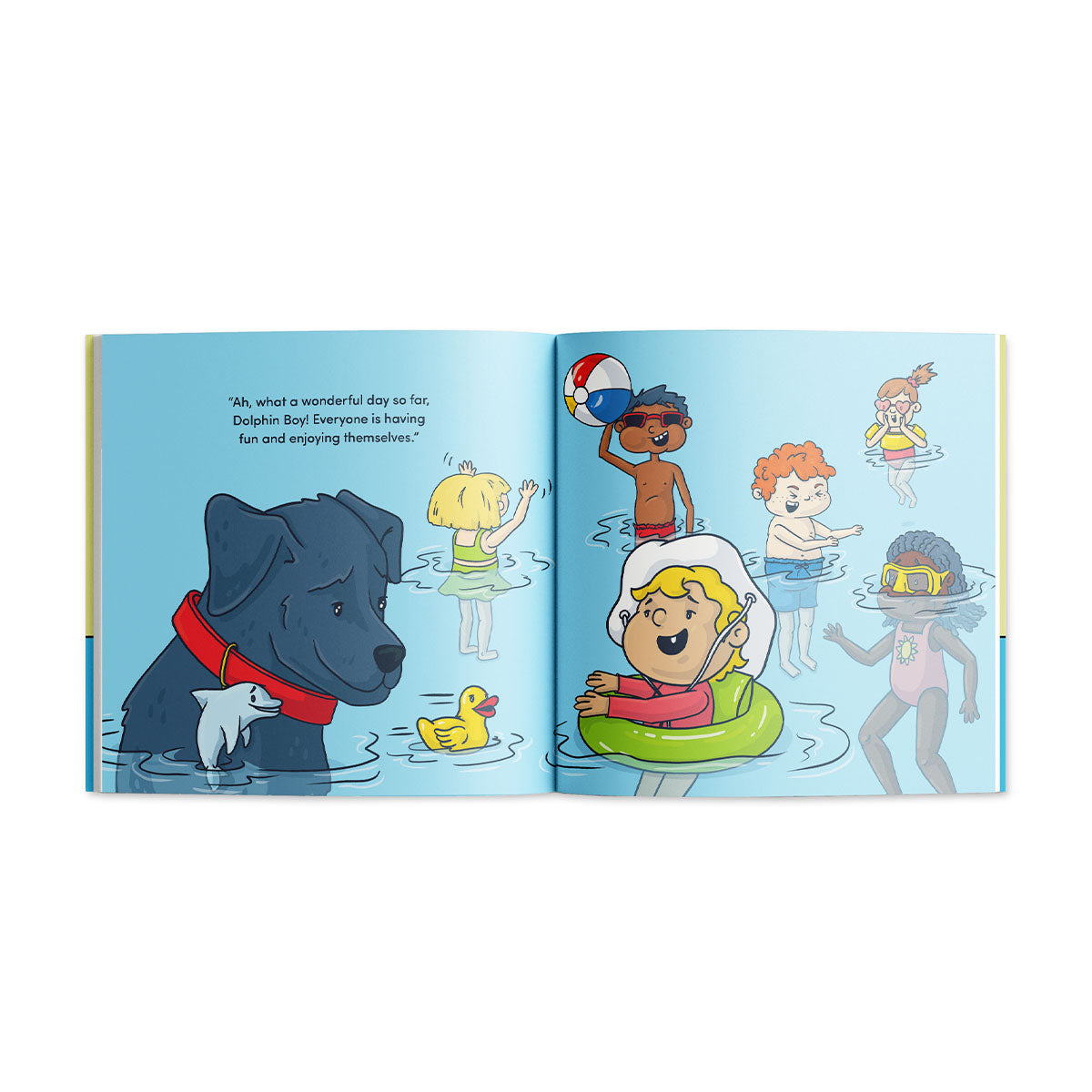 Cartoon children play and swim in a pool with toys, while a large, dog nudges a rubber duck in the water to a child, wearing a red collar with a dolphin toy.