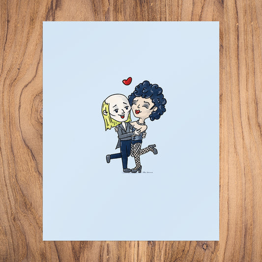 Art print with a light blue background featuring an illustration of Riff Raff and Dr. Frank N Furter in an embrace, each with one leg in the air and a heart between them.