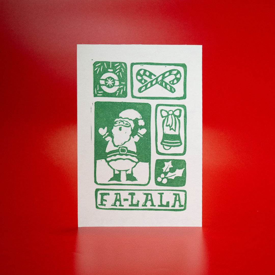 Card | Fa La La Holiday Lino Print Card Light Green