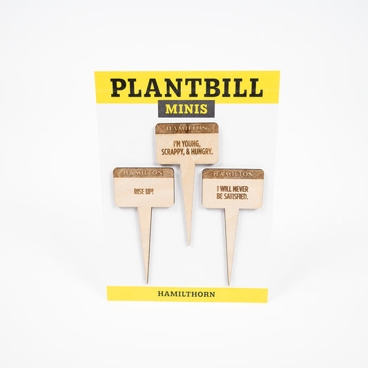 White and yellow card with "Plantbill Minis" across the top and "Hamilthorn" across the bottom. In the middle are three wooden plant/garden stakes with "Rise Up," "I'm young, scrappy, & hungry," and "I will never be satisfied" engraved on them.