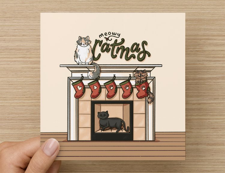 Meowy Catmas Fireplace Holiday Cards