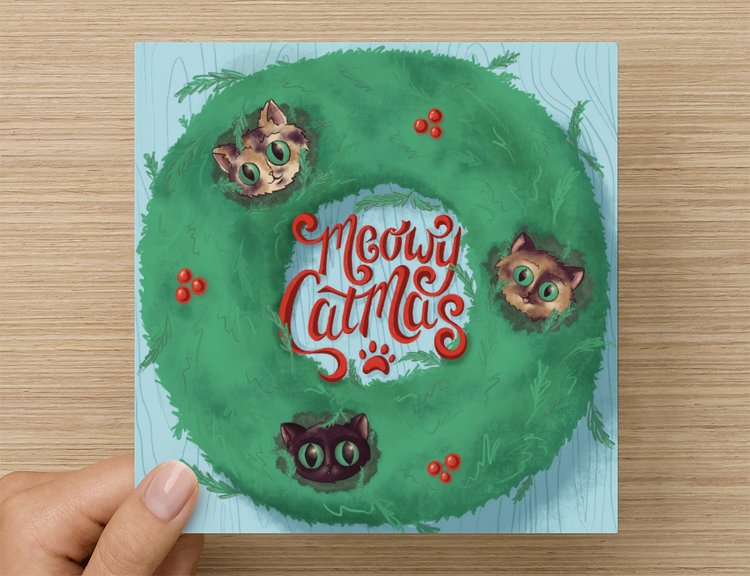 Meowy Catmas Wreath Holiday Cards