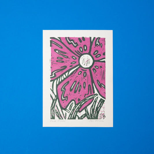 5x7 Pink Moon Linocut Print is a two-color print featuring a large phlox flower with its center being the moon