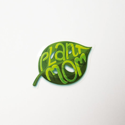 Glossy Plant Mom sticker on white background