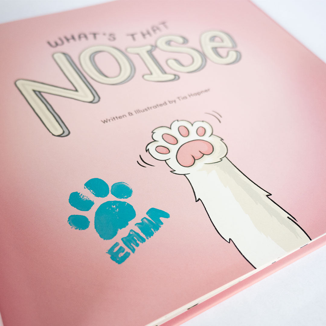 What's That Noise book title page with kitty signature