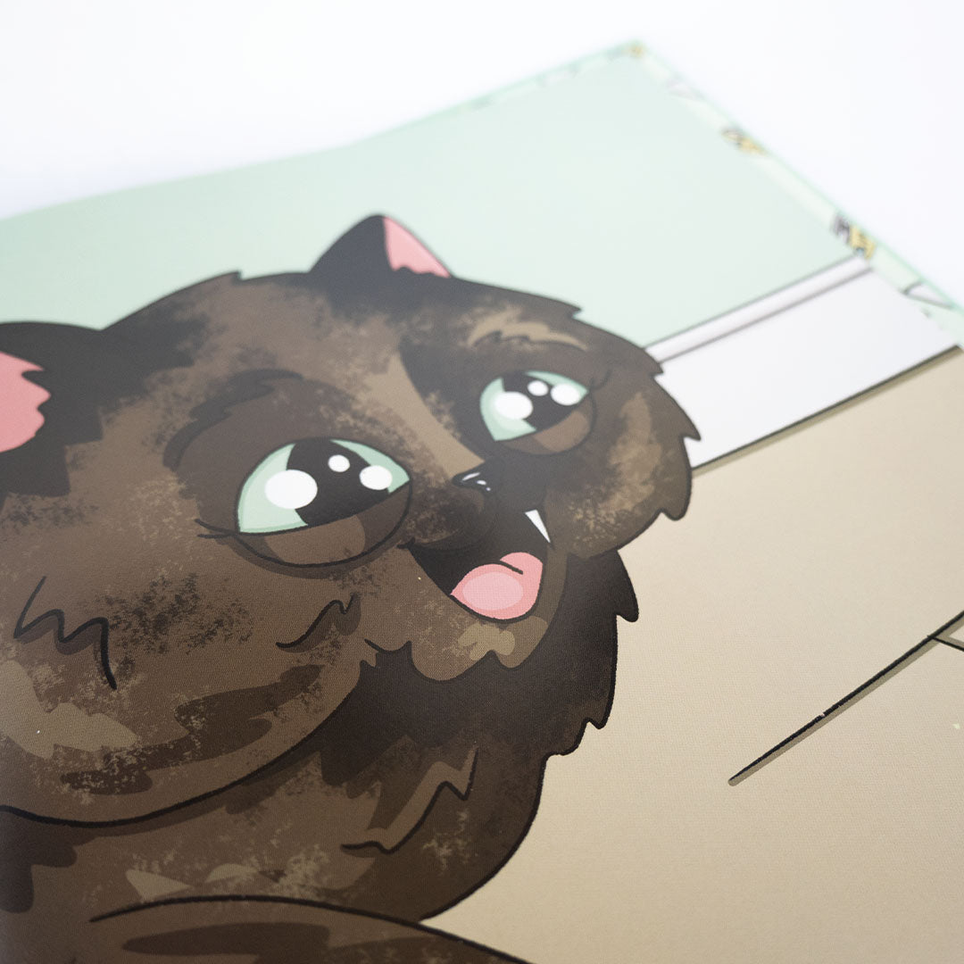 When's Dinner book detail with a tortoise shell kitty smiling with one fang tooth visible