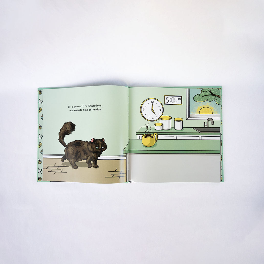 When's Dinner book spread with a tortoise shell kitty walking into a kitchen at 5am