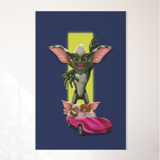11x17 poster of Stripe coming out of a glowing green opening on a blue background right behind Gizmo waving and riding a pink Barbie car. 