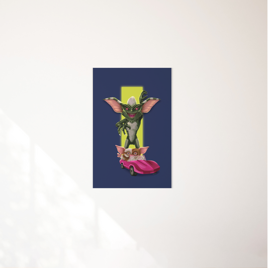 11x17 poster of Stripe coming out of a glowing green opening on a blue background right behind Gizmo waving and riding a pink Barbie car. 