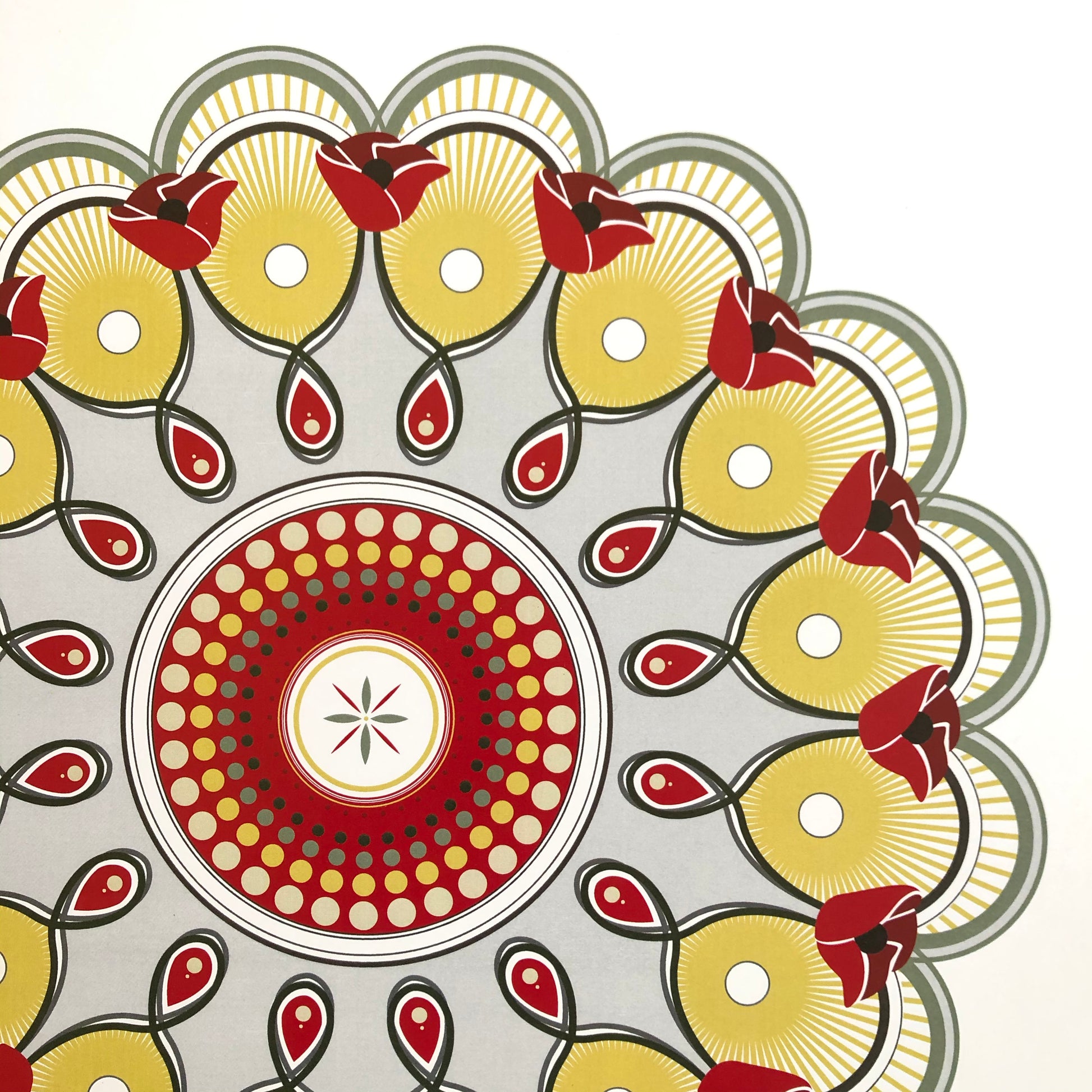 Detail view of Tia Hapner's Poppy Mandala Print with repeating circular shapes, poppies, and rays.  